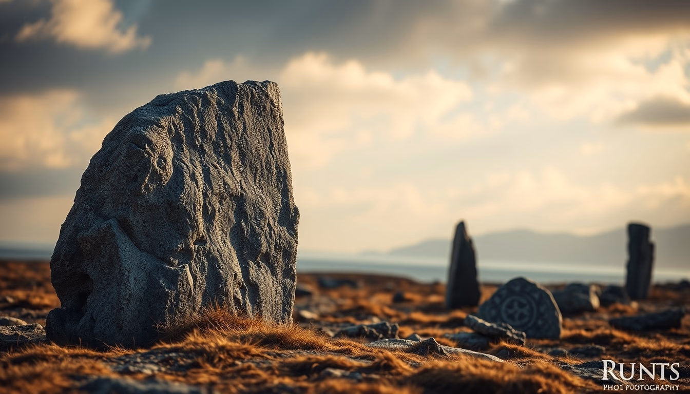 runes viking stone in editorial style