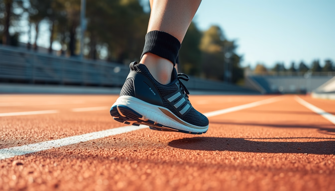 running shoes on track in editorial style