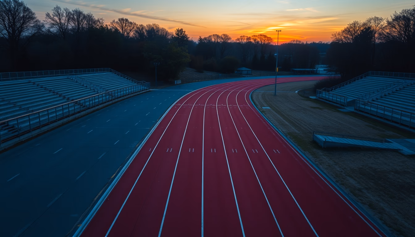 running track empty sunrise in editorial style