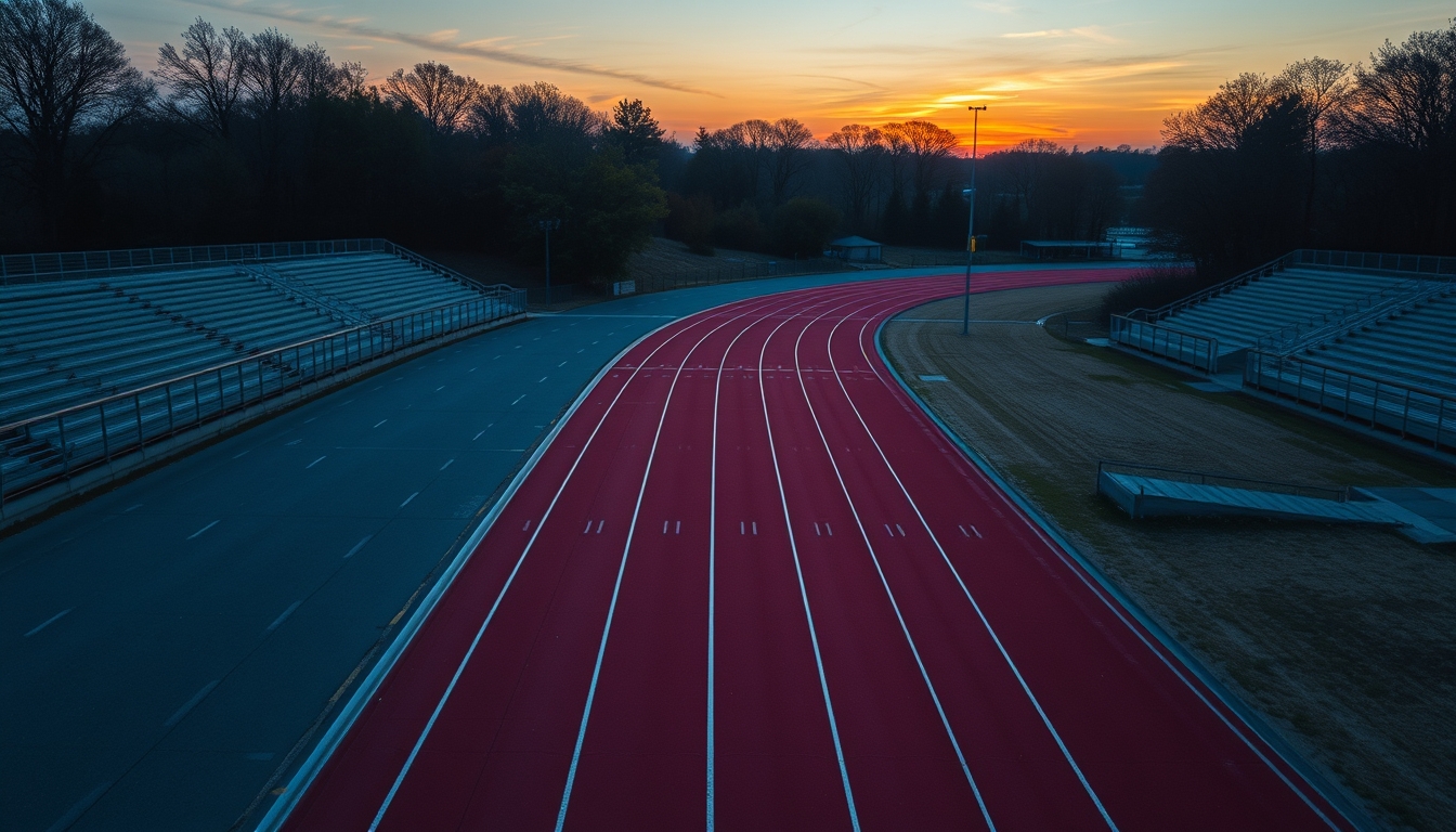 running track empty sunrise in editorial style