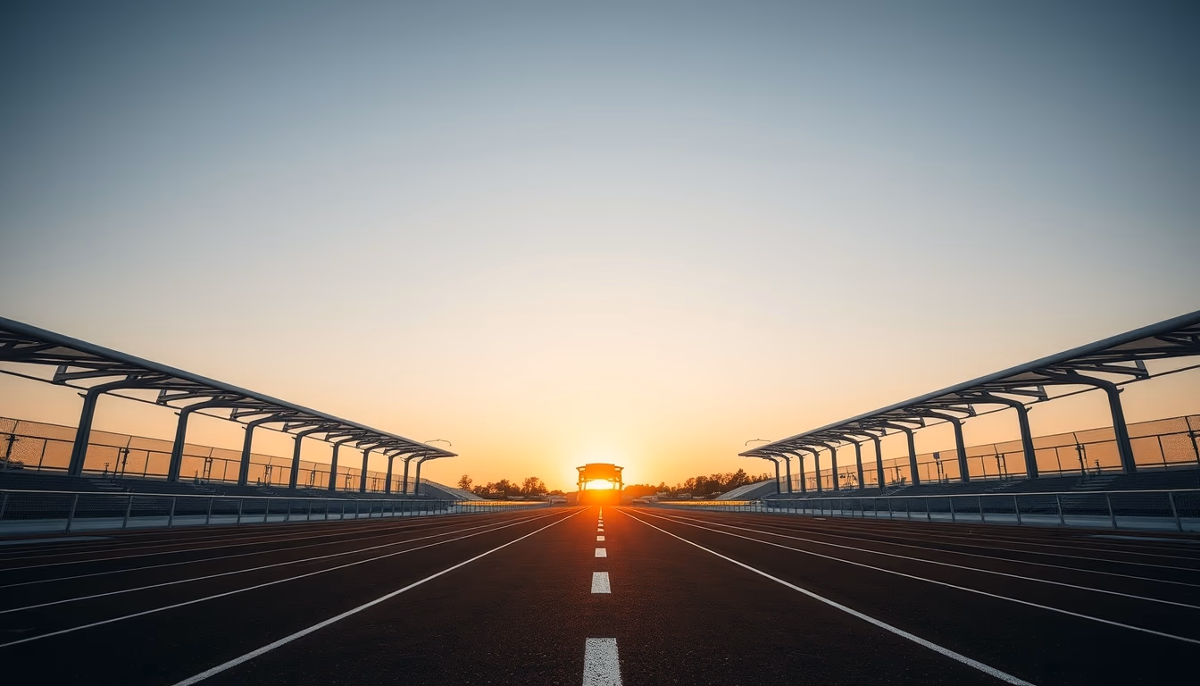 running track empty sunrise in editorial style