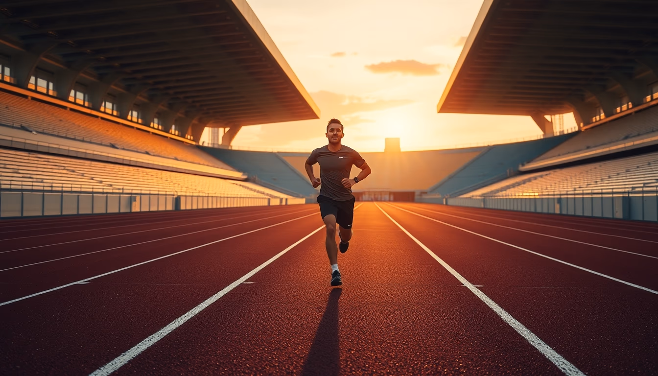 running track empty sunrise in editorial style