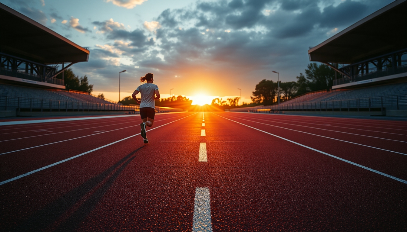 running track empty sunrise in editorial style