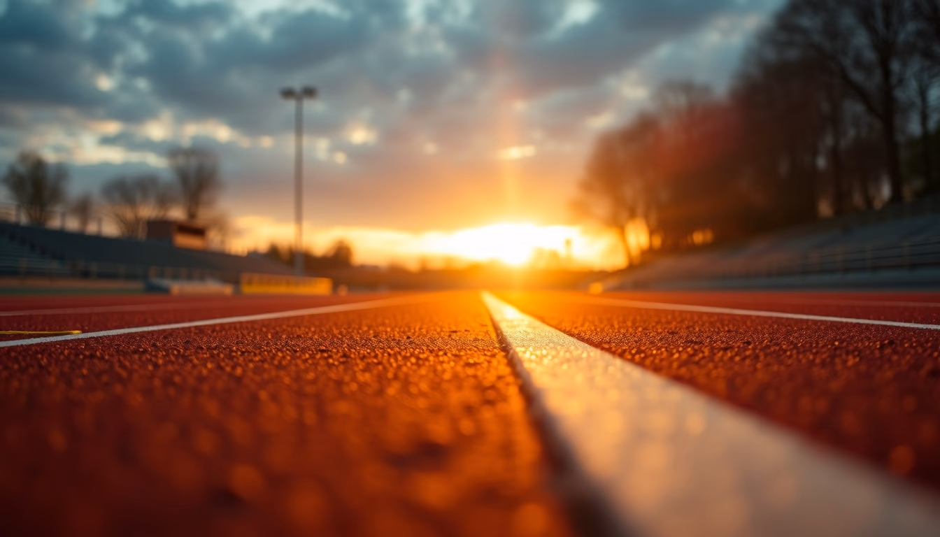 running track empty sunrise in editorial style