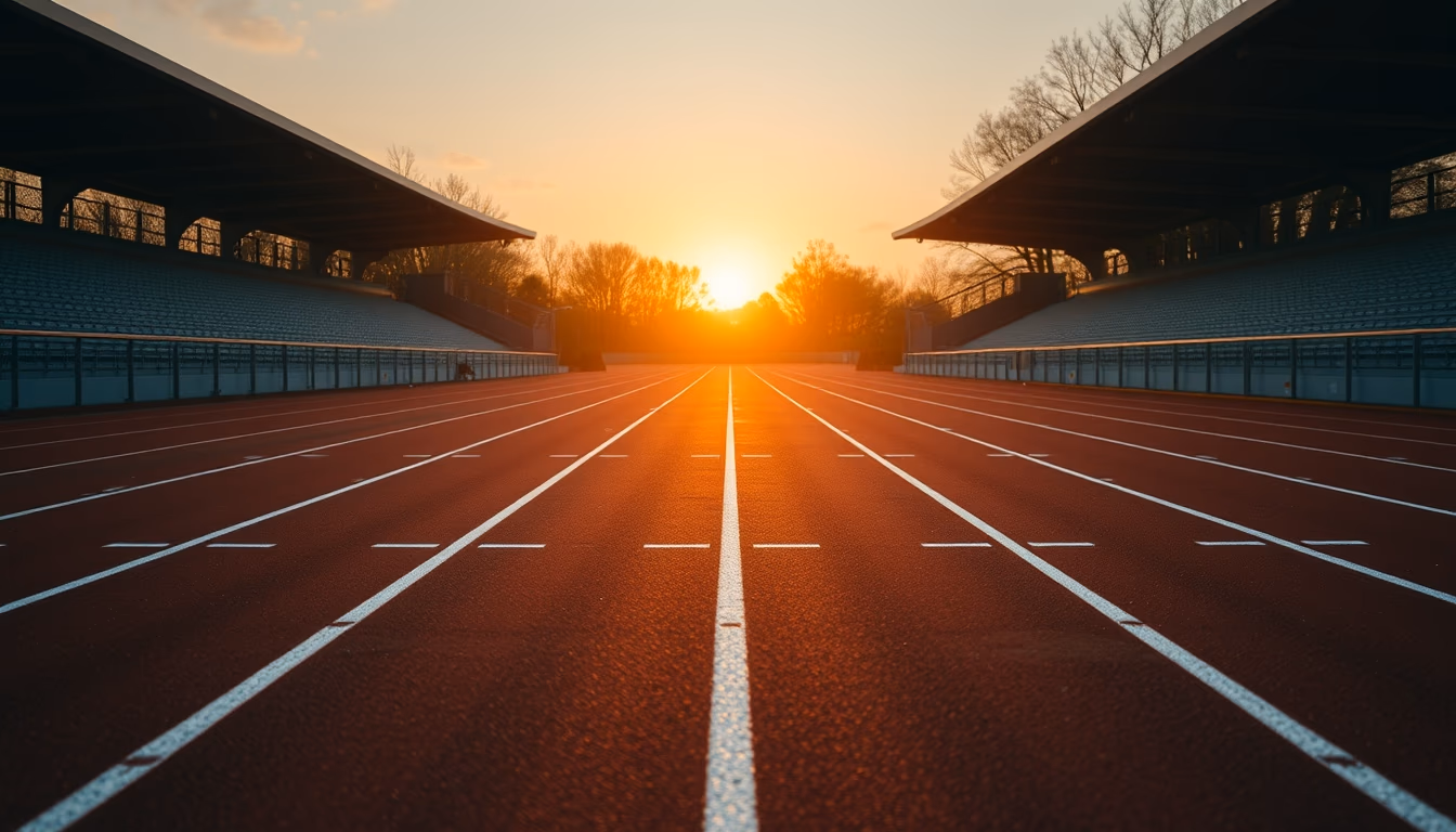 running track empty sunrise in editorial style