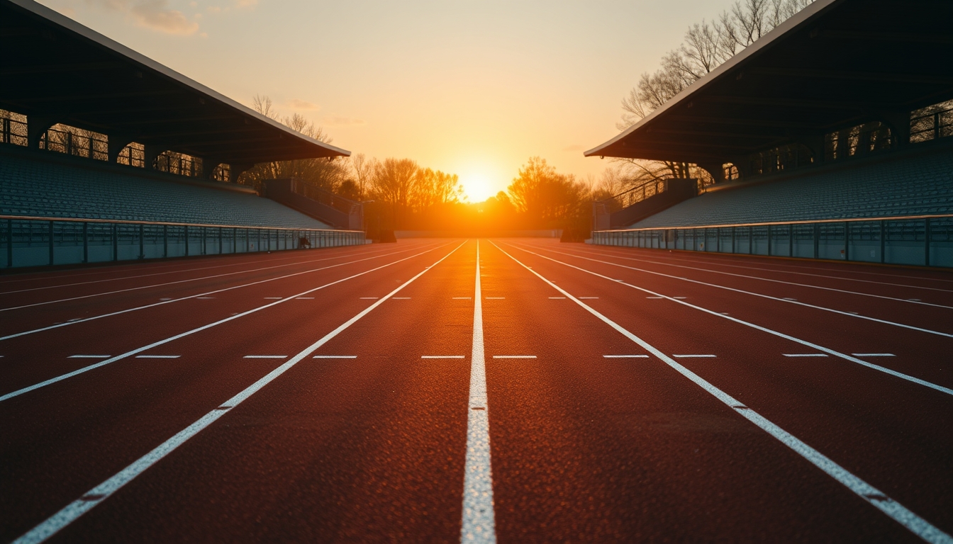 running track empty sunrise in editorial style