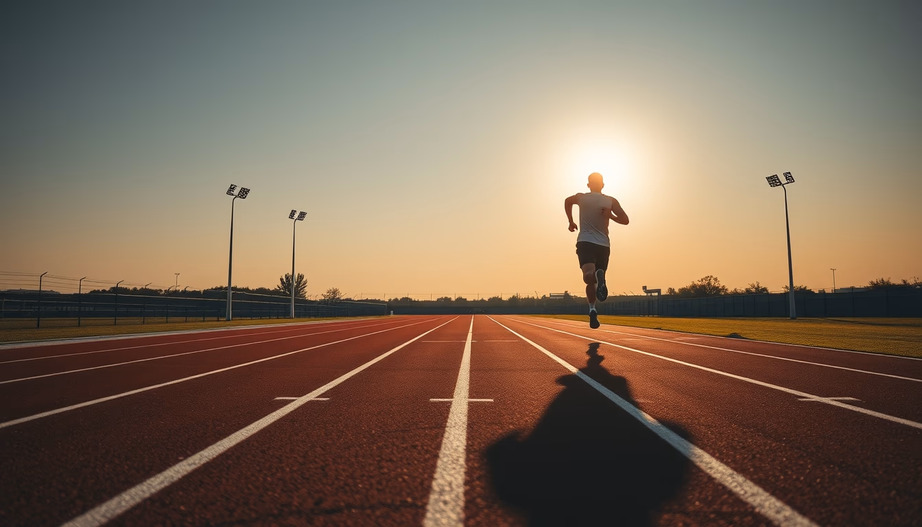 running track empty sunrise in editorial style