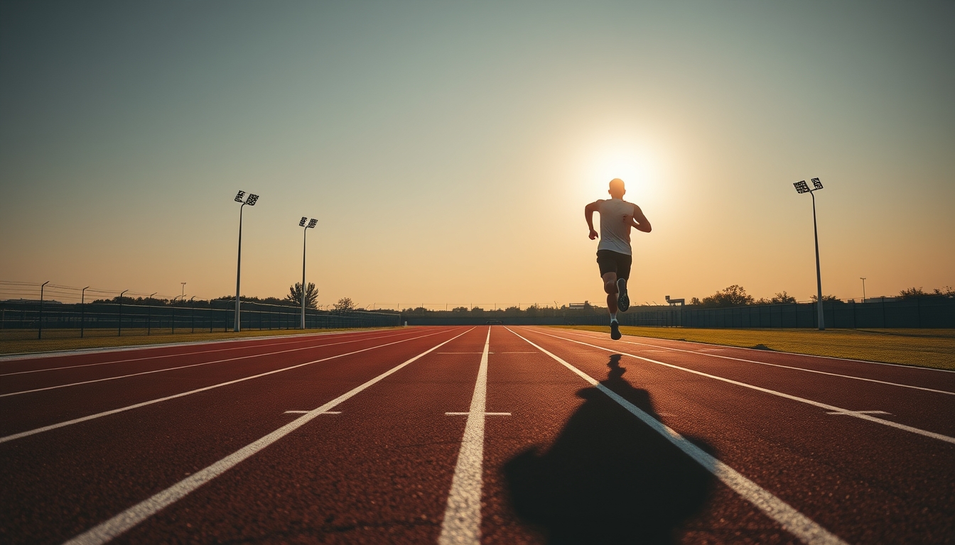 running track empty sunrise in editorial style