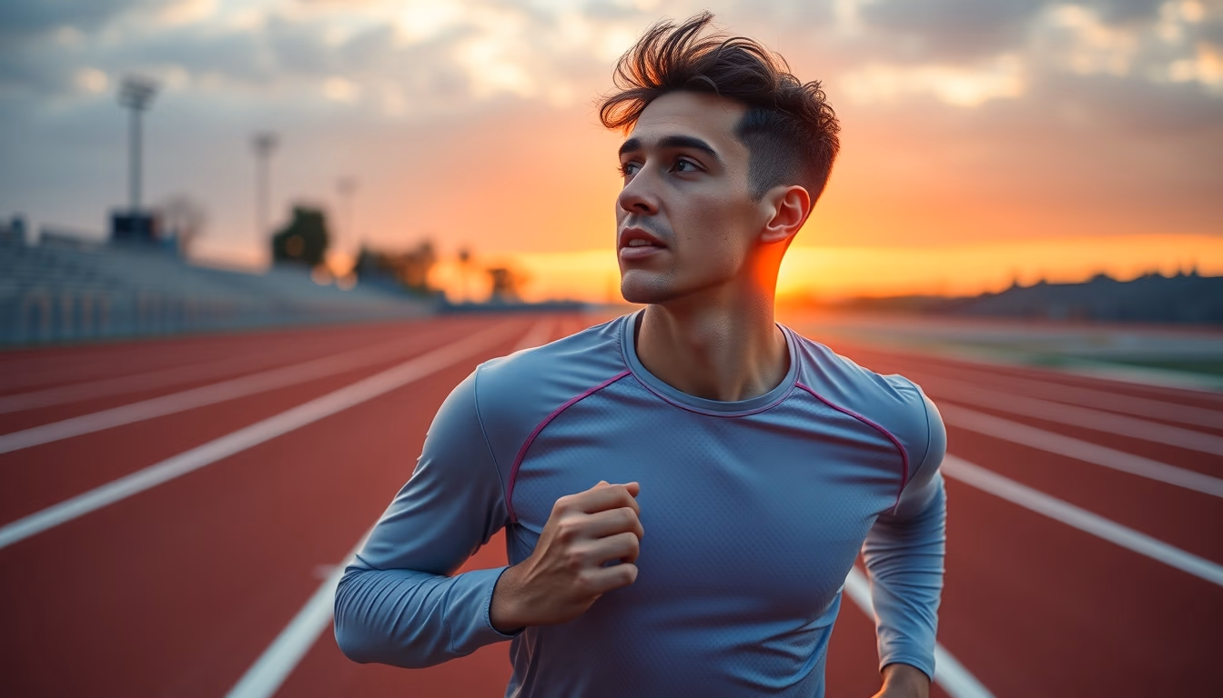 running track empty sunrise in editorial style