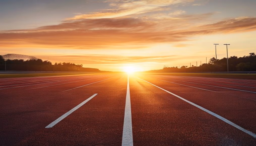 running track empty sunrise in editorial style