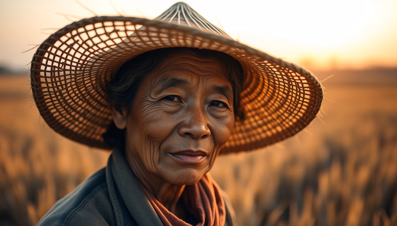 Rural worker in a sunny field with traditional hat em estilo editorial