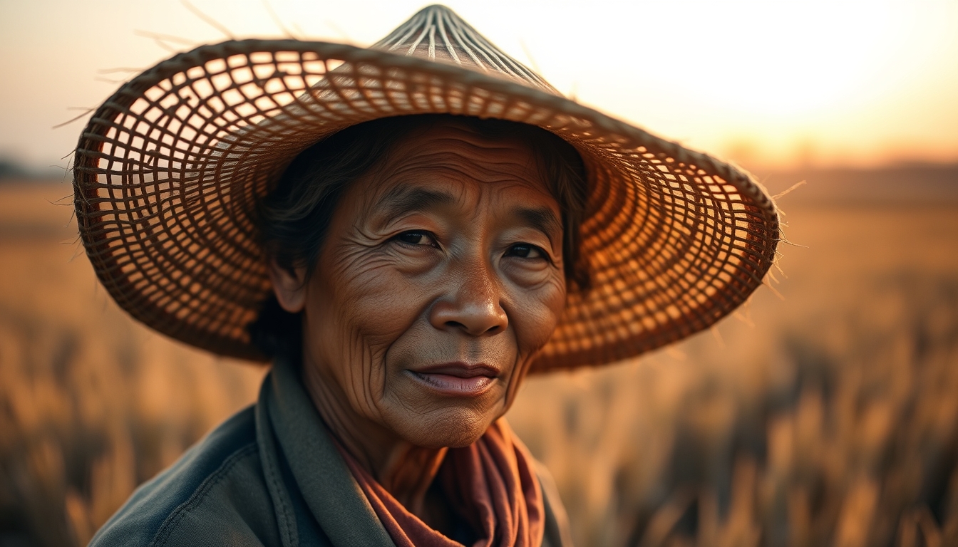 rural worker in a sunny field with traditional hat in editorial style