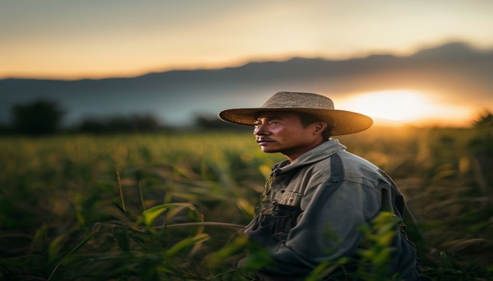 rural worker in a sunny field with traditional hat in editorial style
