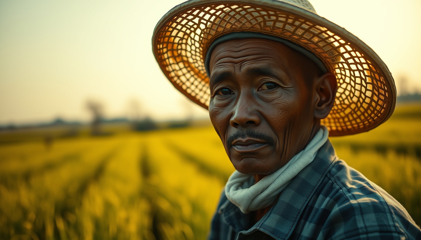 rural worker in a sunny field with traditional hat in editorial style