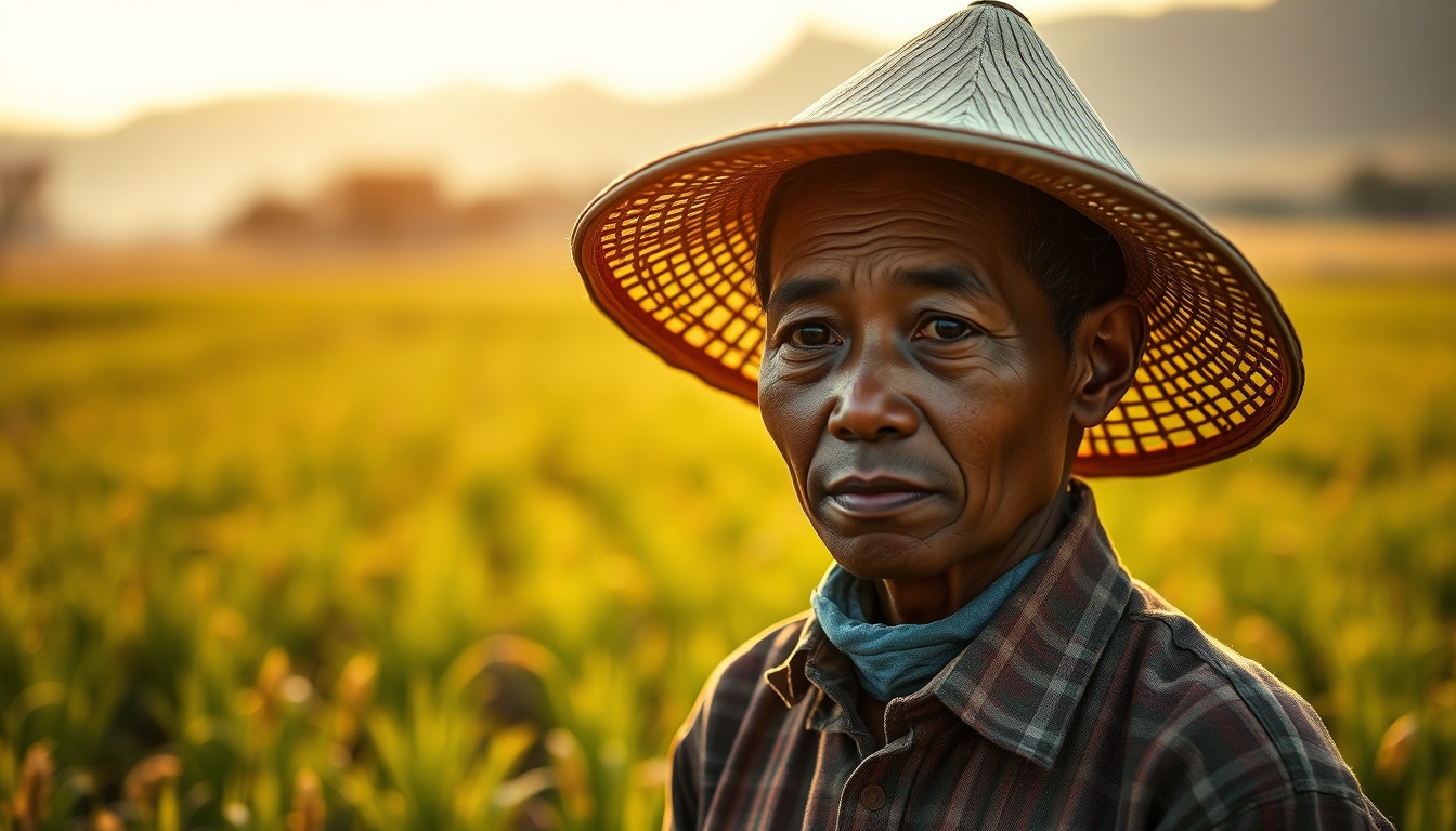 rural worker in a sunny field with traditional hat in editorial style