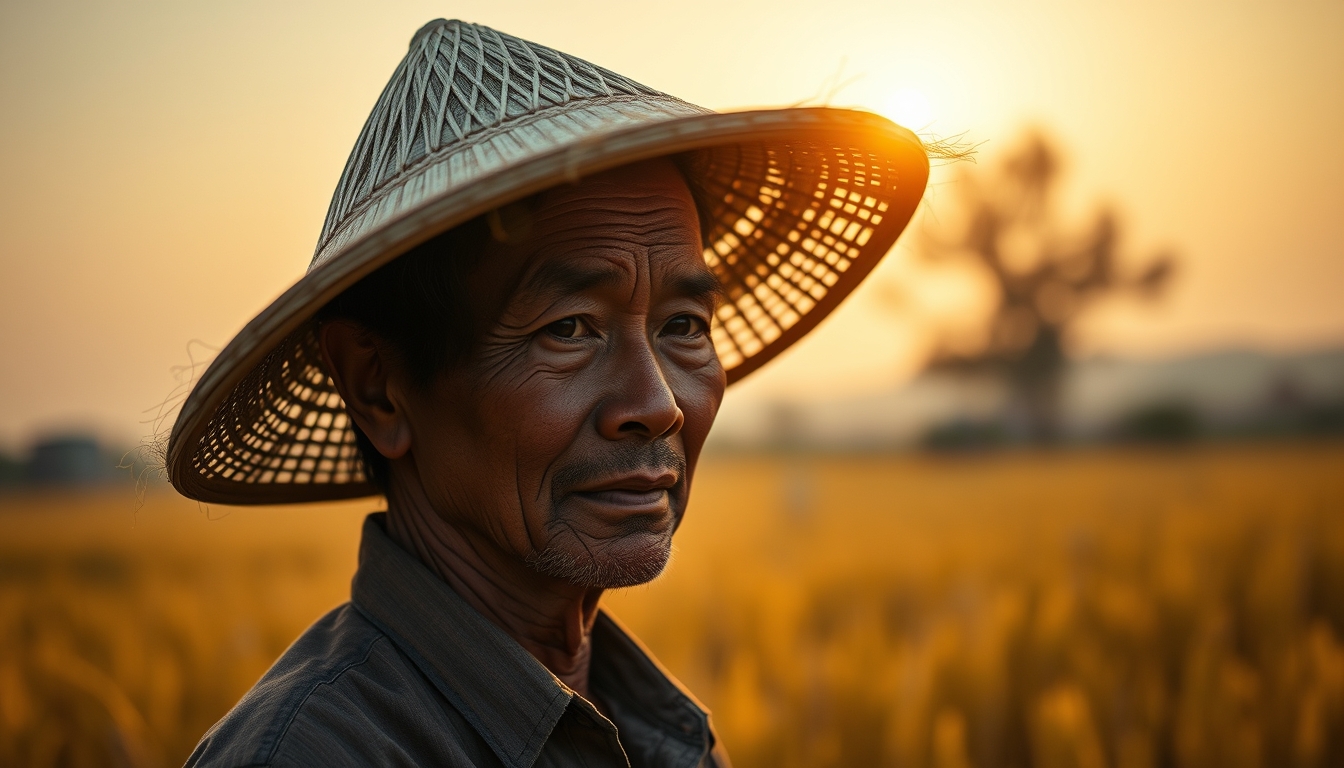 rural worker in a sunny field with traditional hat in editorial style