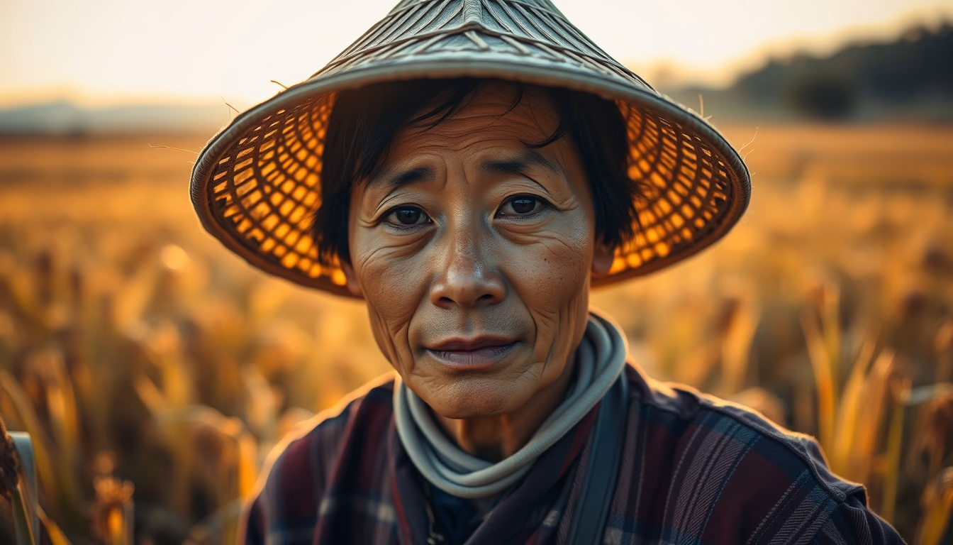 rural worker in a sunny field with traditional hat in editorial style