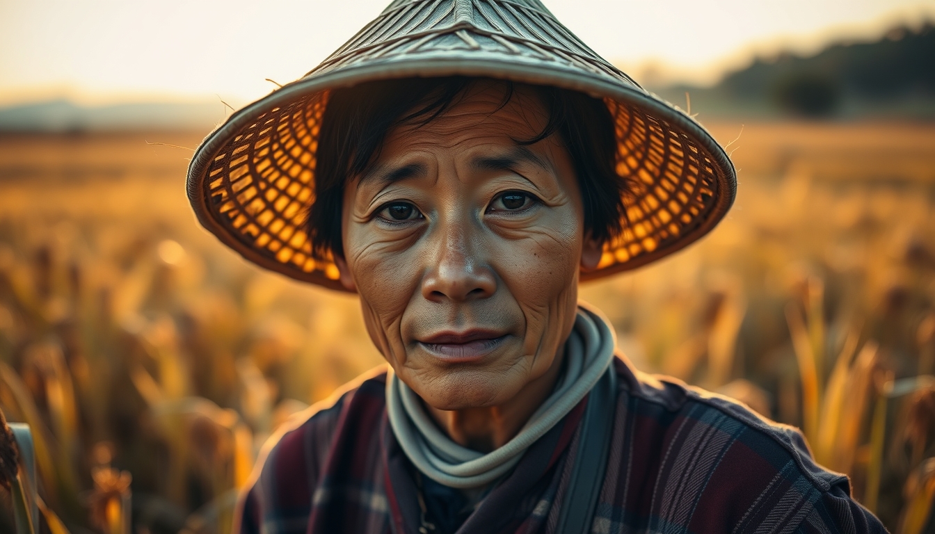 rural worker in a sunny field with traditional hat in editorial style