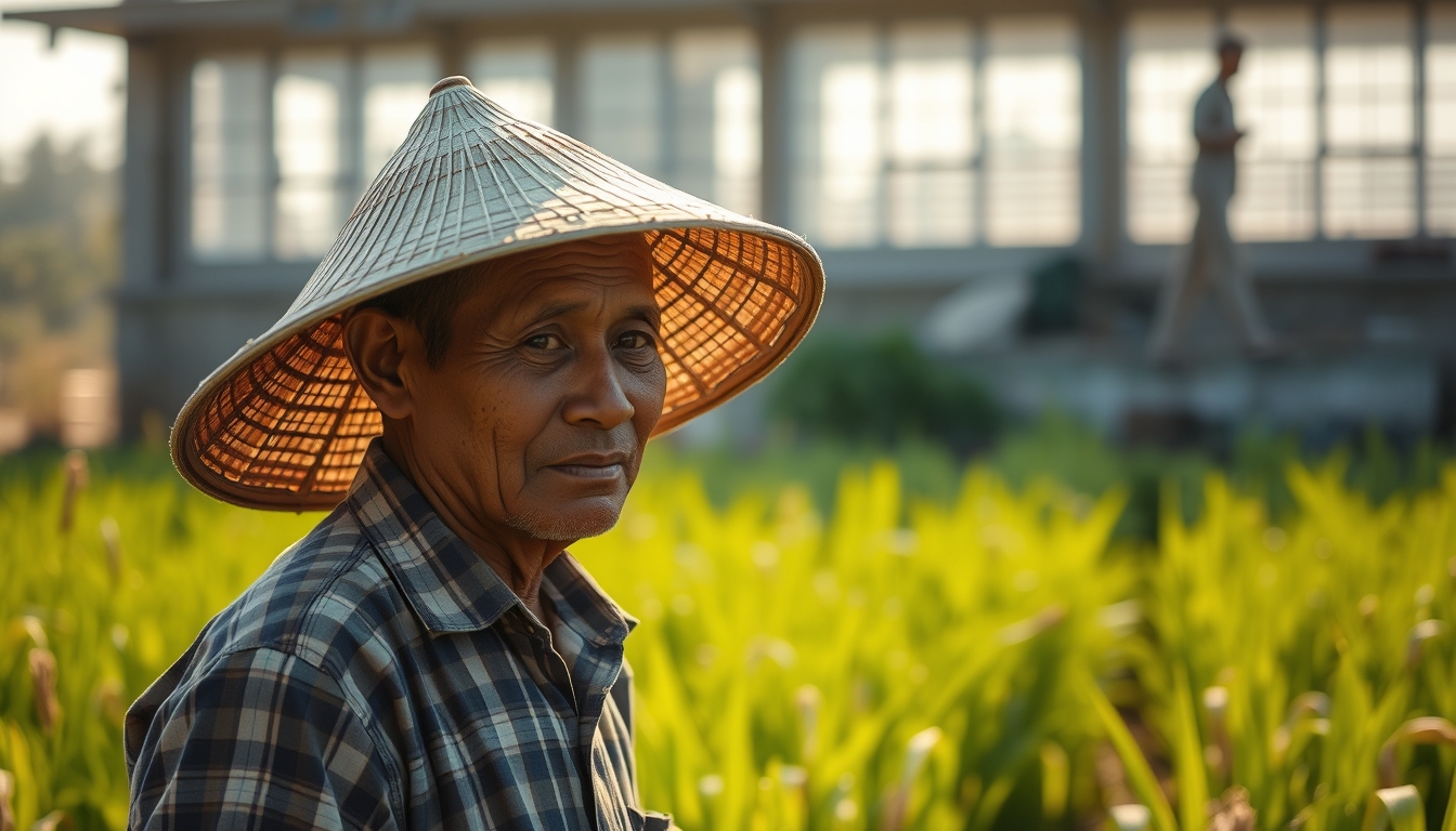 rural worker in a sunny field with traditional hat in editorial style