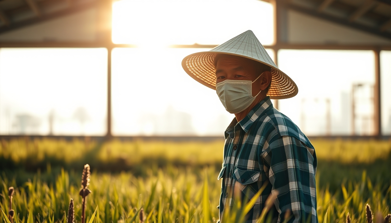 rural worker in a sunny field with traditional hat in editorial style