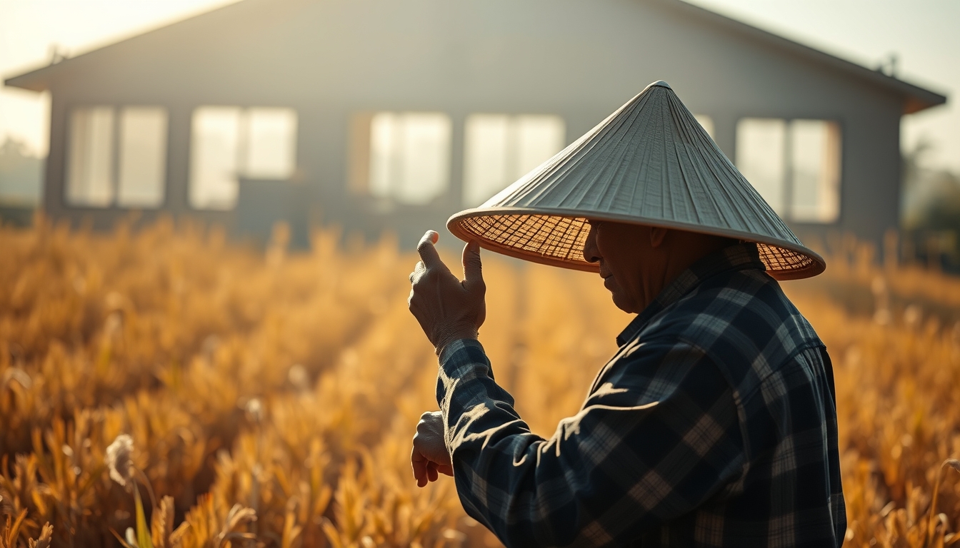 rural worker in a sunny field with traditional hat in editorial style
