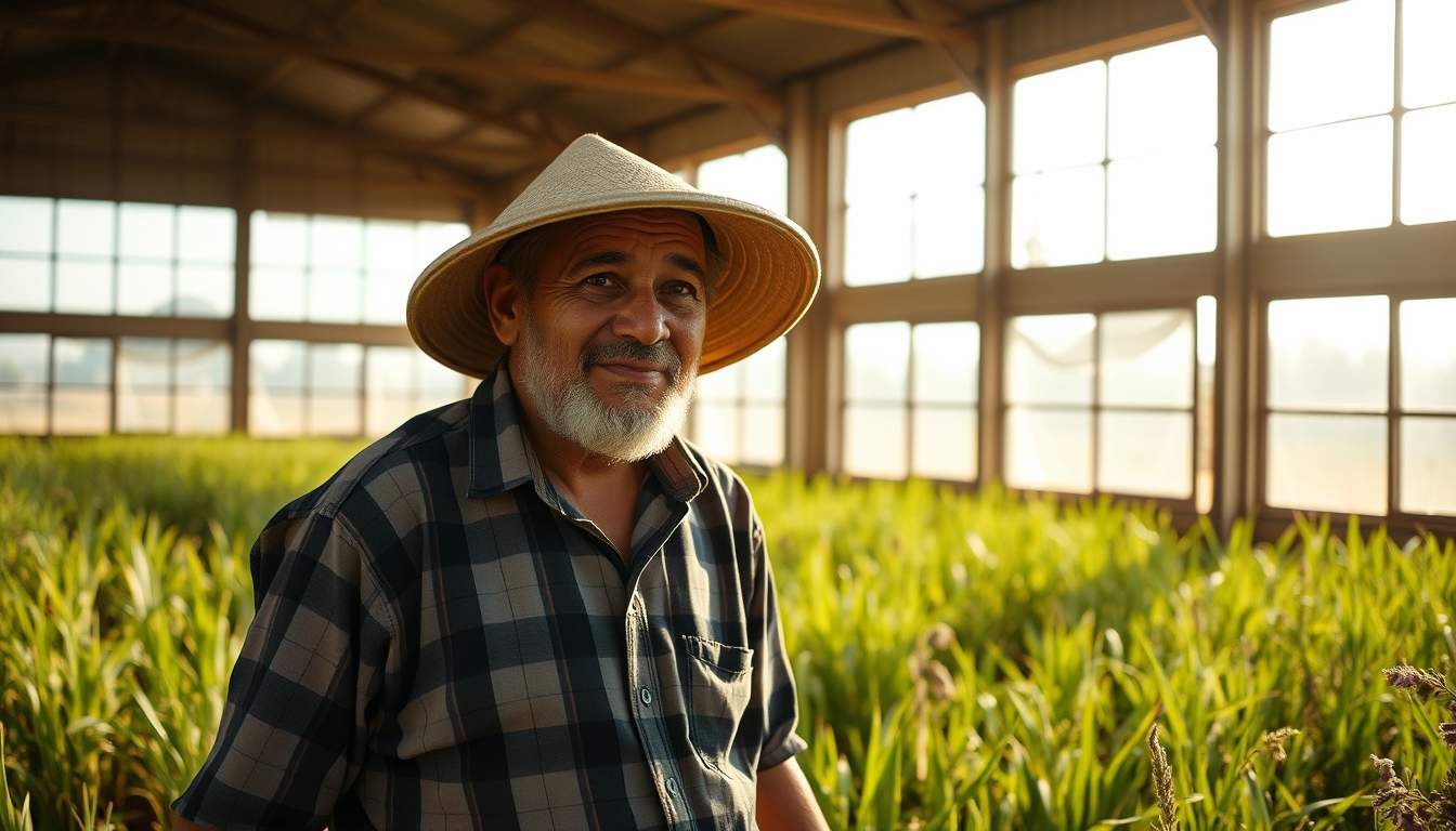 rural worker in a sunny field with traditional hat in editorial style