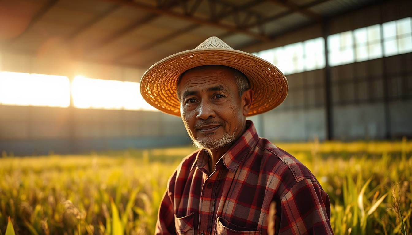 rural worker in a sunny field with traditional hat in editorial style