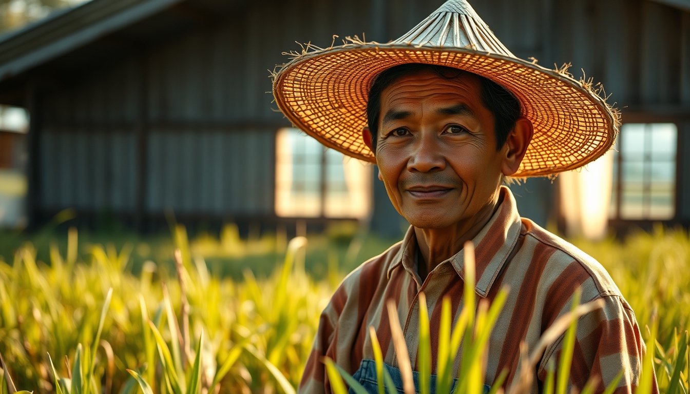rural worker in a sunny field with traditional hat in editorial style