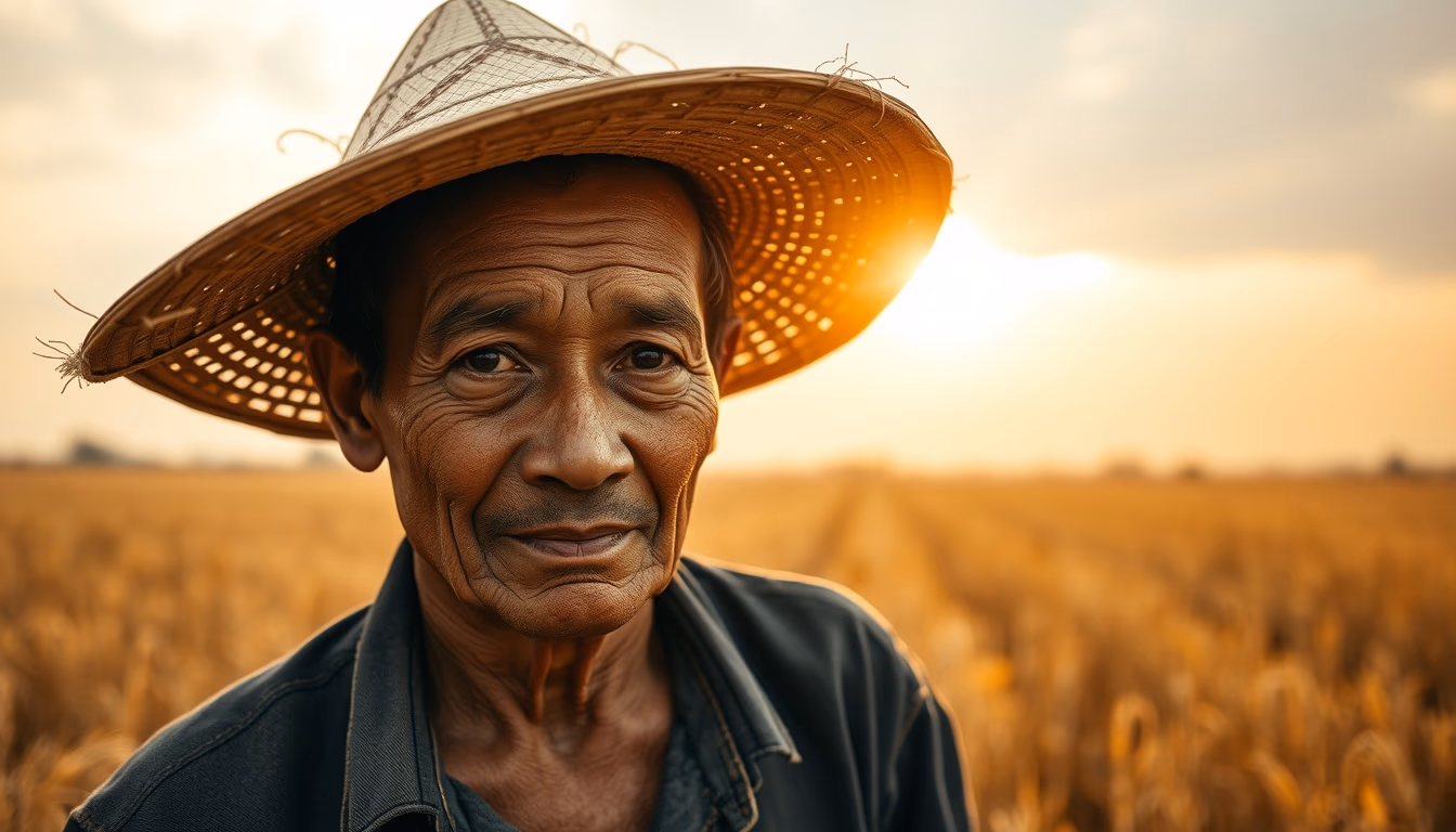 rural worker in a sunny field with traditional hat in editorial style