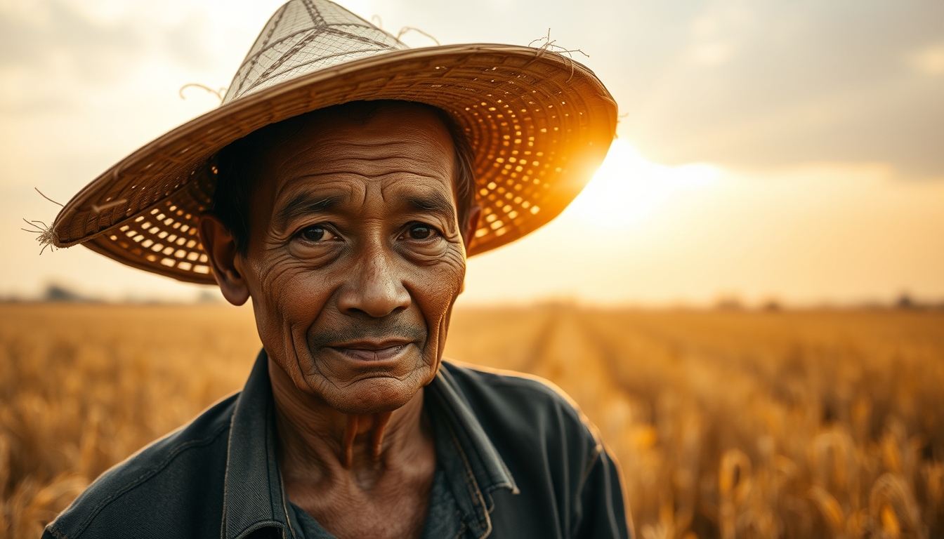 rural worker in a sunny field with traditional hat in editorial style