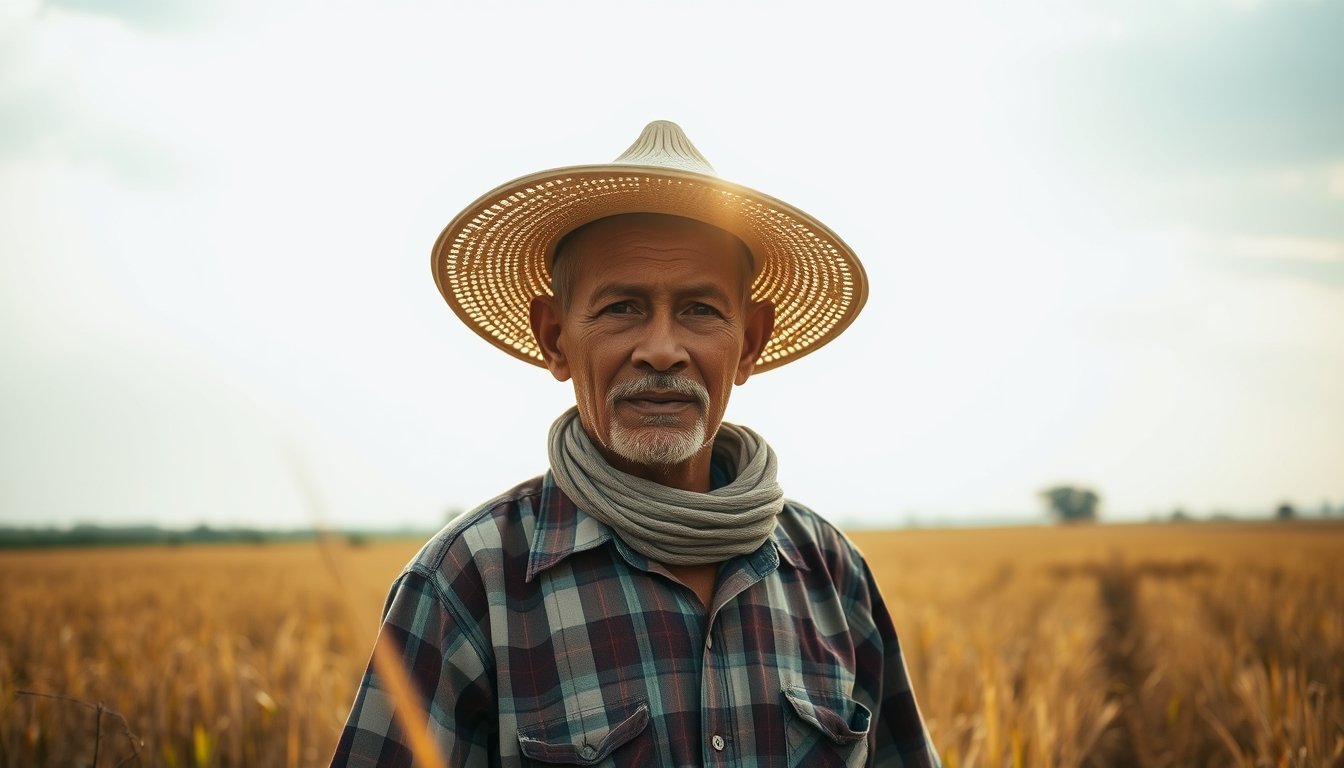 rural worker in a sunny field with traditional hat in editorial style
