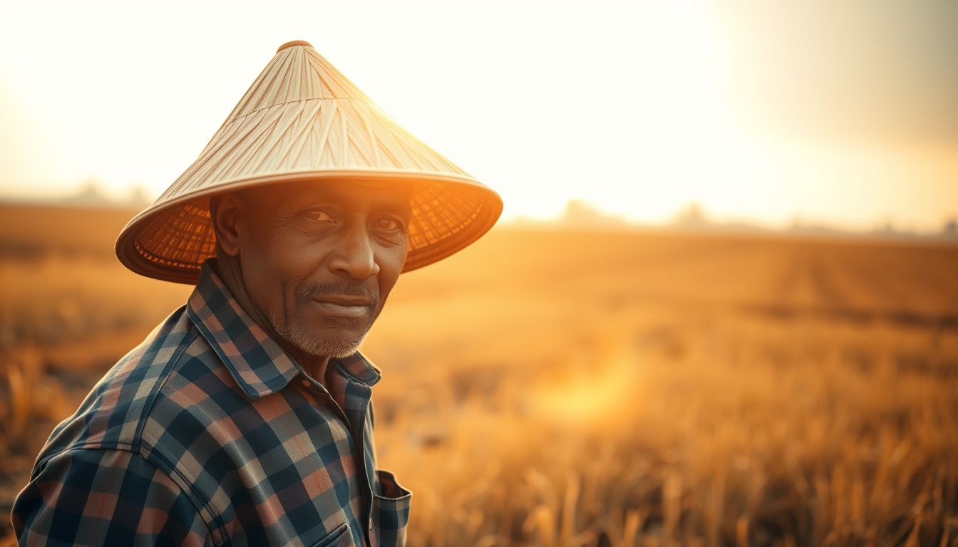 rural worker in a sunny field with traditional hat in editorial style