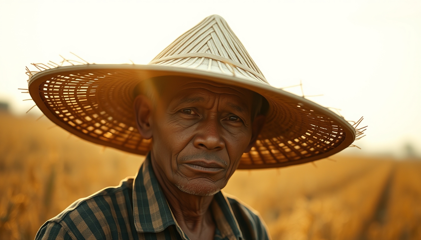 rural worker in a sunny field with traditional hat in editorial style