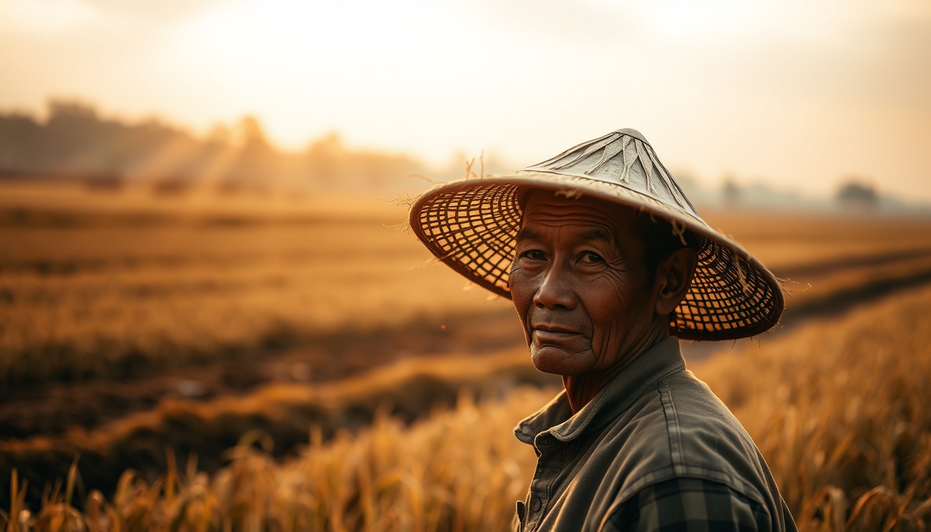 rural worker in a sunny field with traditional hat in editorial style