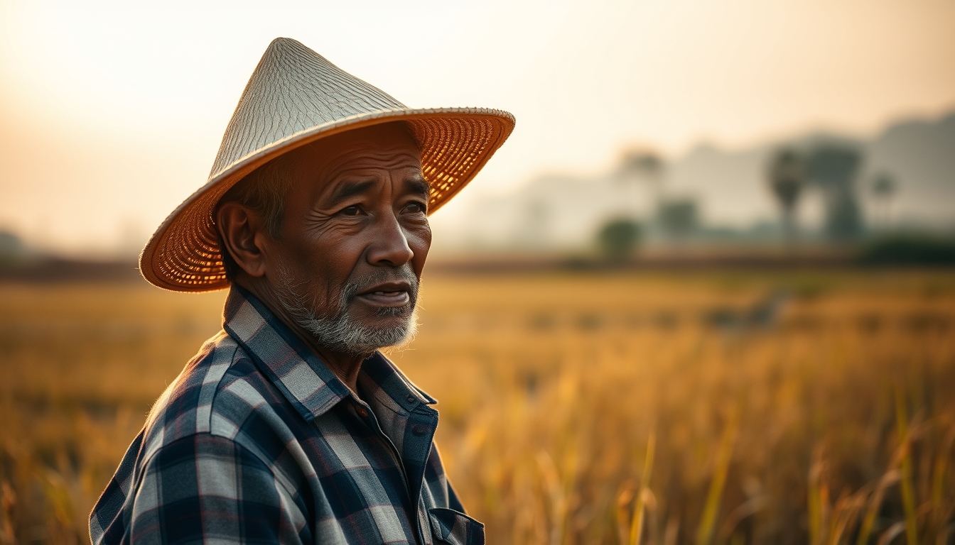 rural worker in a sunny field with traditional hat in editorial style
