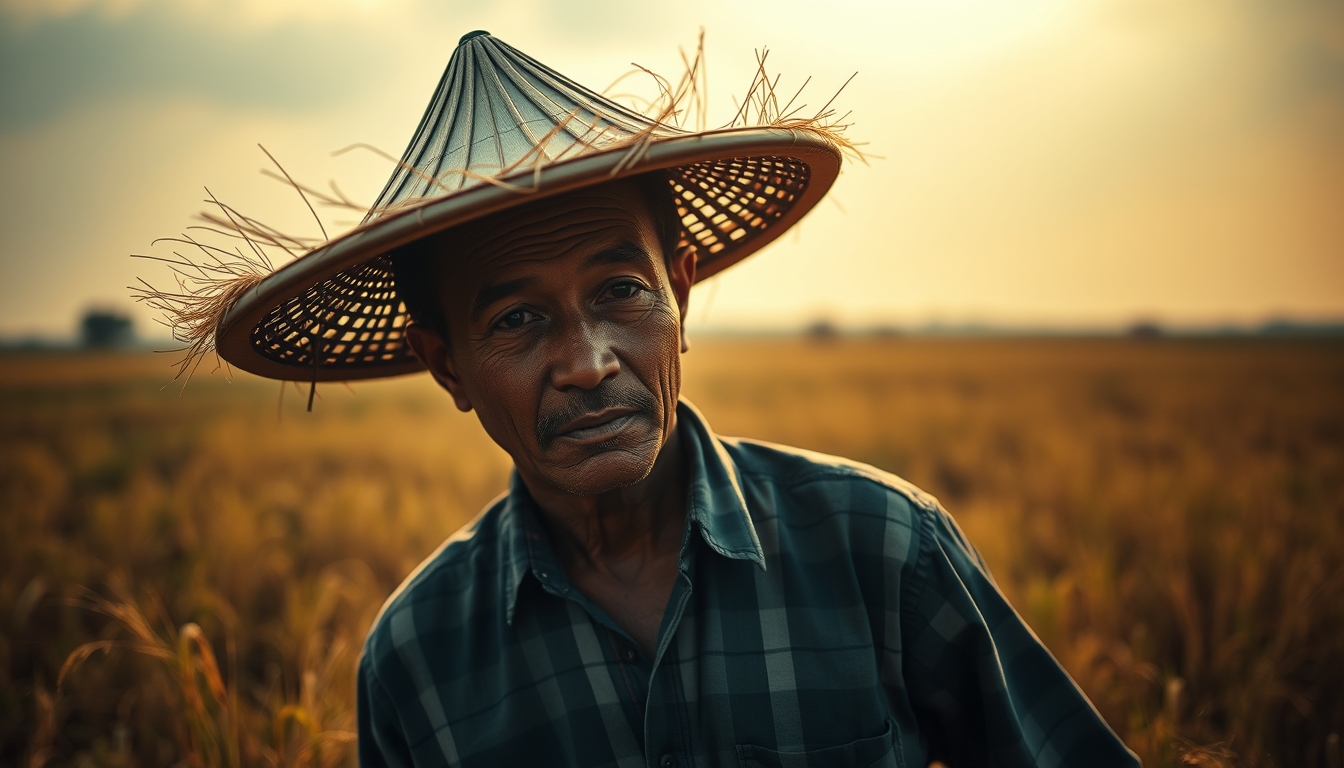 rural worker in a sunny field with traditional hat in editorial style
