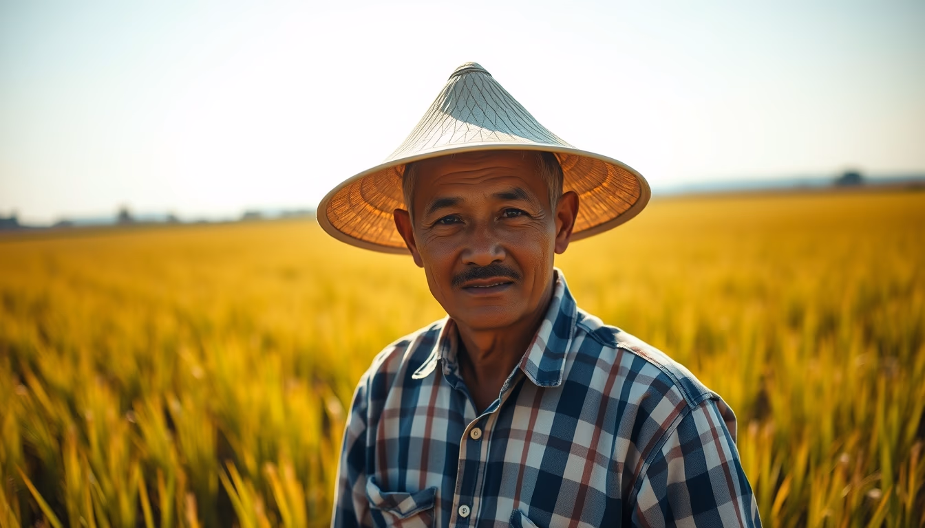 Rural worker in a sunny field with traditional hat em estilo editorial