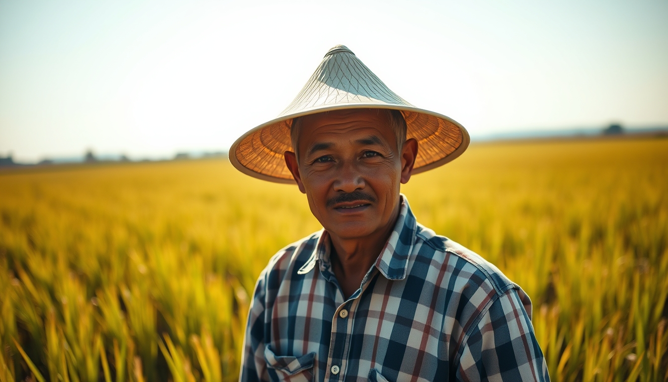 rural worker in a sunny field with traditional hat in editorial style