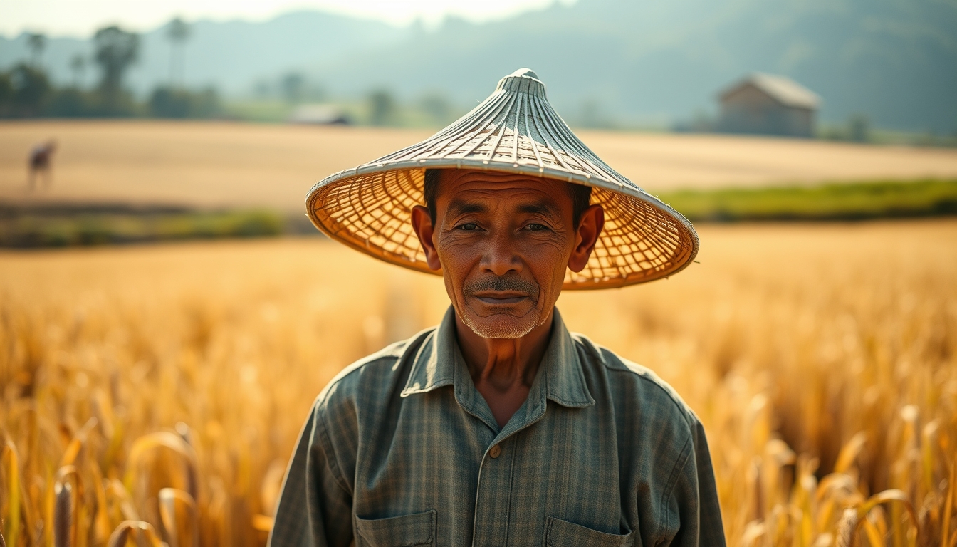 rural worker in a sunny field with traditional hat in editorial style