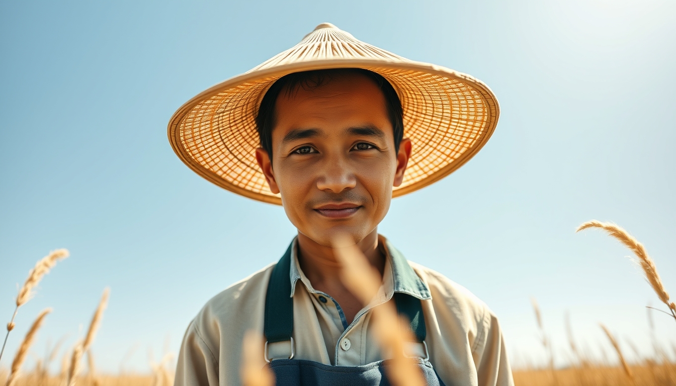 rural worker in a sunny field with traditional hat in editorial style
