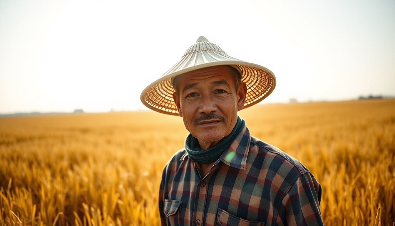 rural worker in a sunny field with traditional hat in editorial style