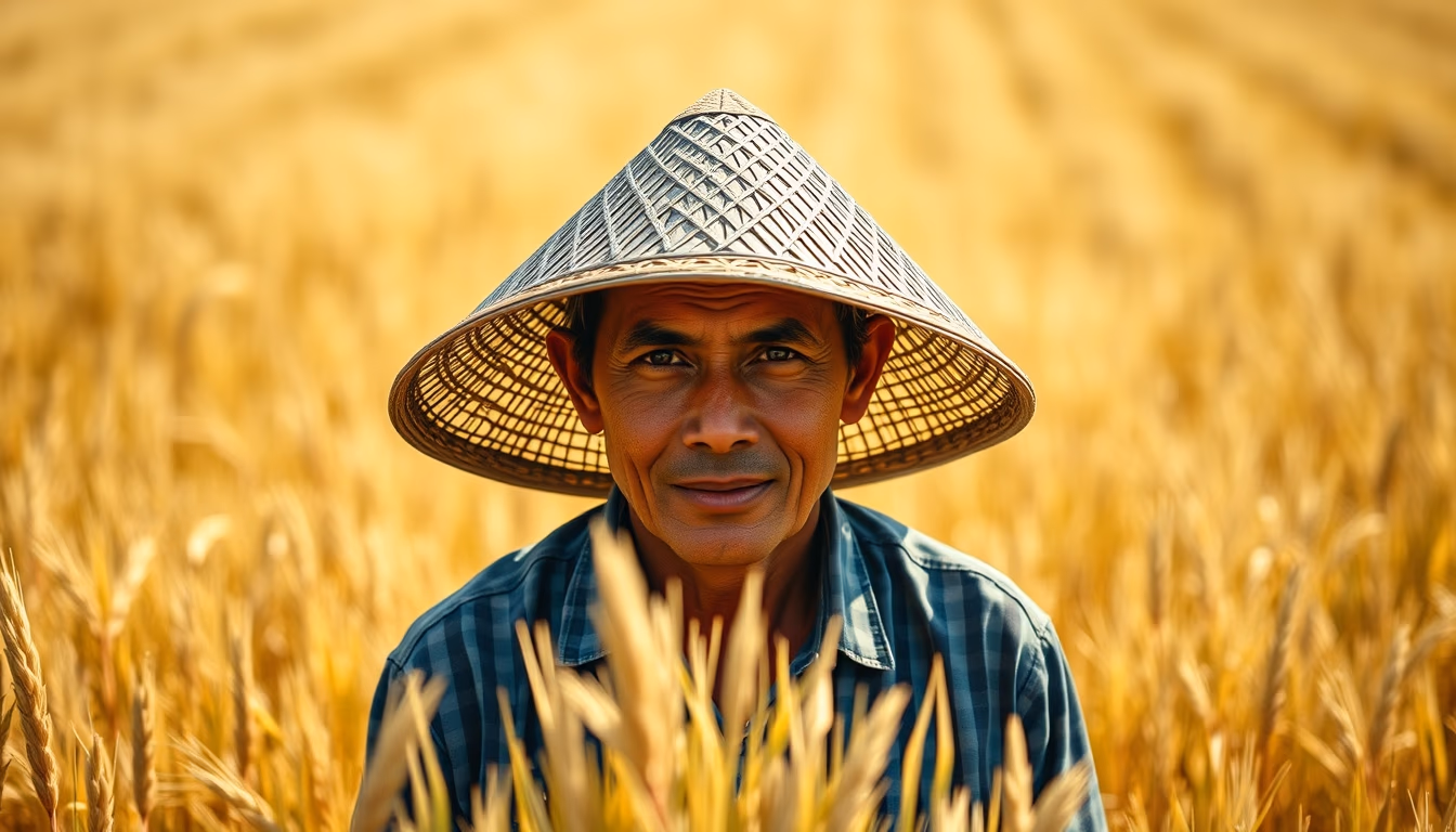 Rural worker in a sunny field with traditional hat em estilo editorial