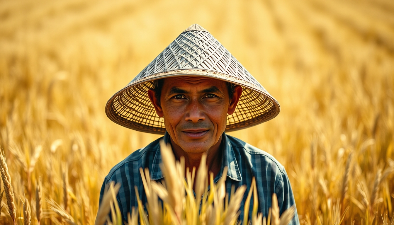 rural worker in a sunny field with traditional hat in editorial style