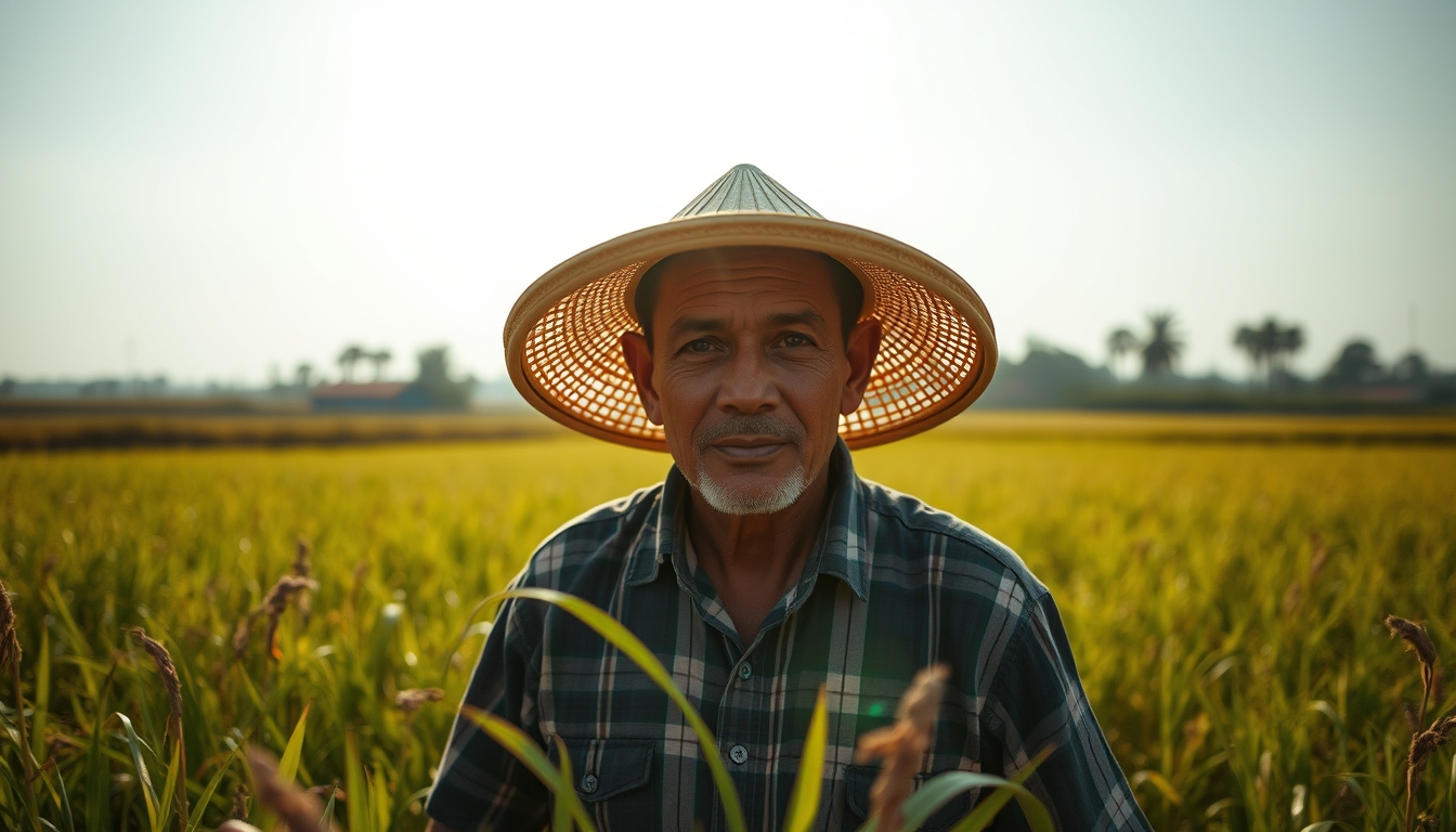 rural worker in a sunny field with traditional hat in editorial style