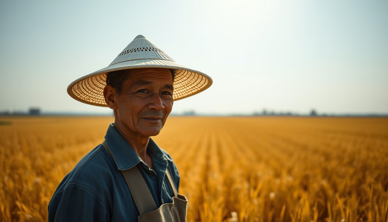 rural worker in a sunny field with traditional hat in editorial style