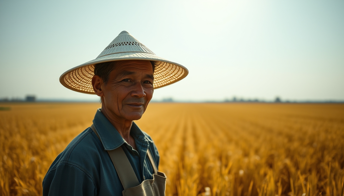 rural worker in a sunny field with traditional hat in editorial style