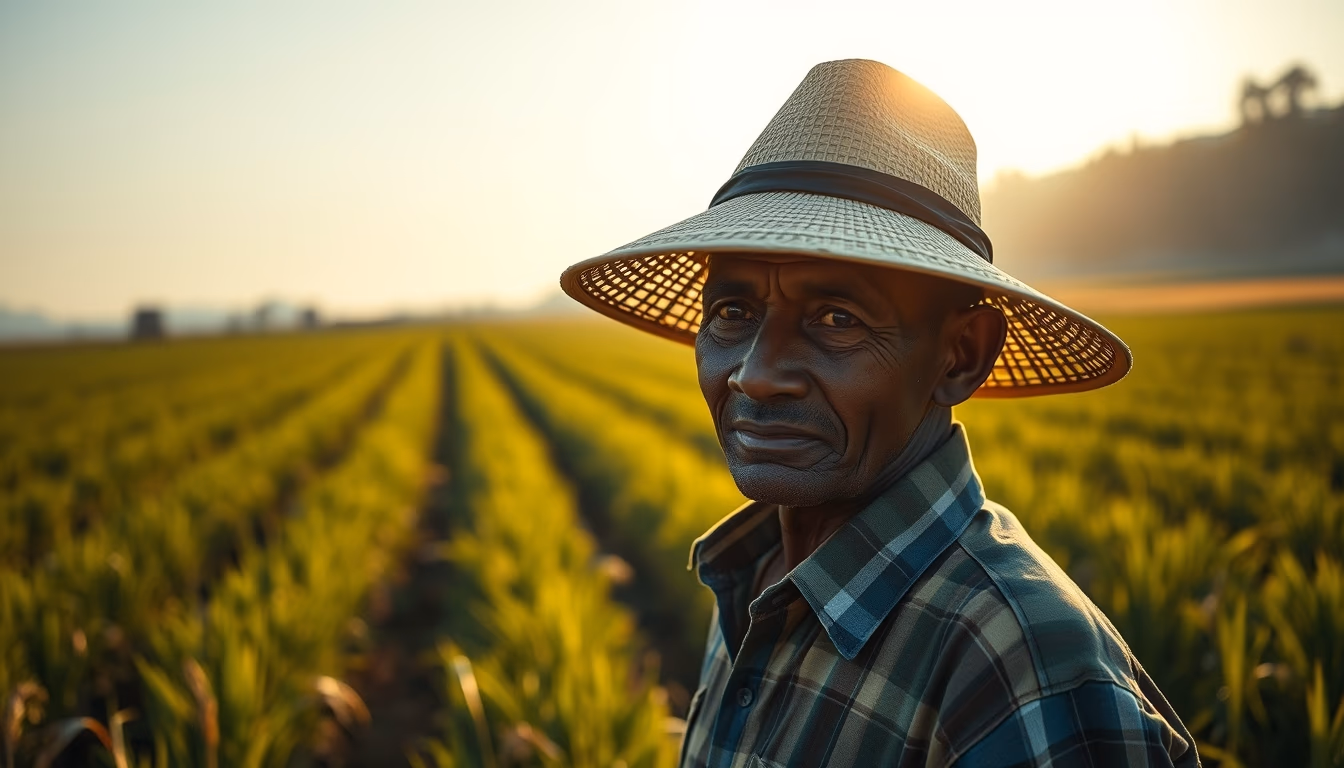 rural worker in a sunny field with traditional hat in editorial style