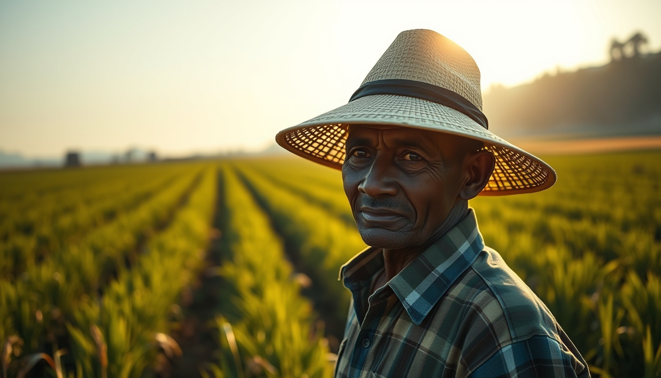 rural worker in a sunny field with traditional hat in editorial style