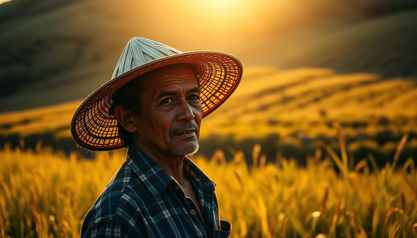 rural worker in a sunny field with traditional hat in editorial style