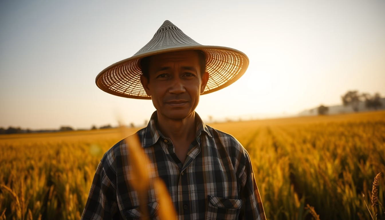 Rural worker in a sunny field with traditional hat em estilo editorial